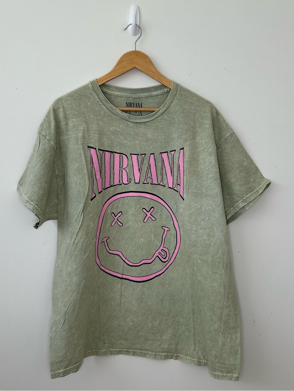 Nirvana Smiley Face Graphic T-Shirt, Gray/Green Pink Print, Size XL